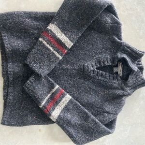 Abercrombie 100% wool sweater with maroon and white sleeve stripe. Blue-gray